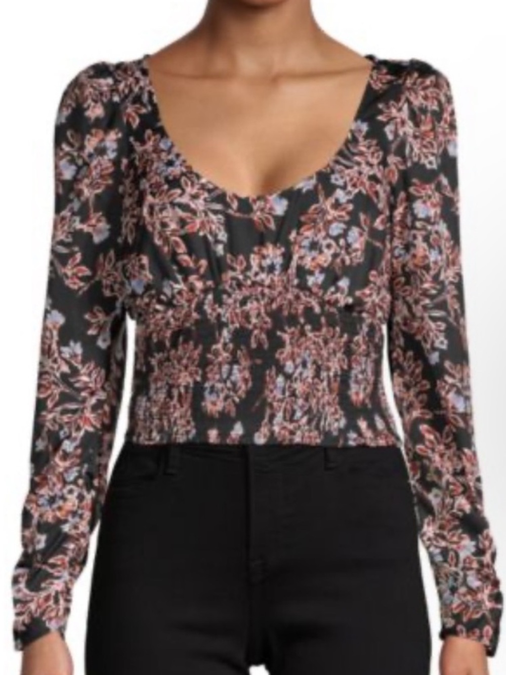 Free people Black Floral Smocked Waist Long Sleeve Top